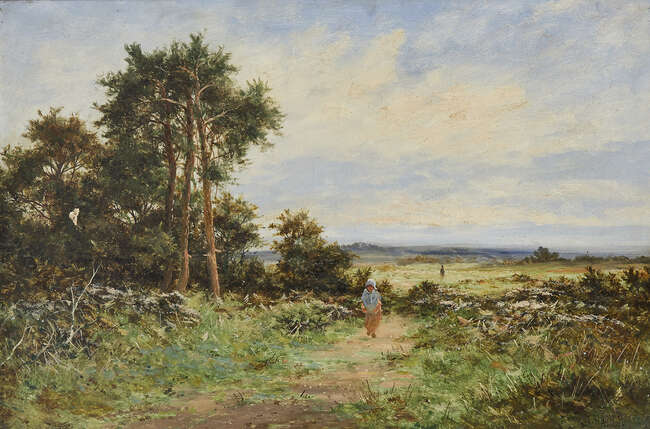 
	
		Benjamin Williams Leader, R.A., 
		 
		British 1831-1923- 
		 
		Figure walking...