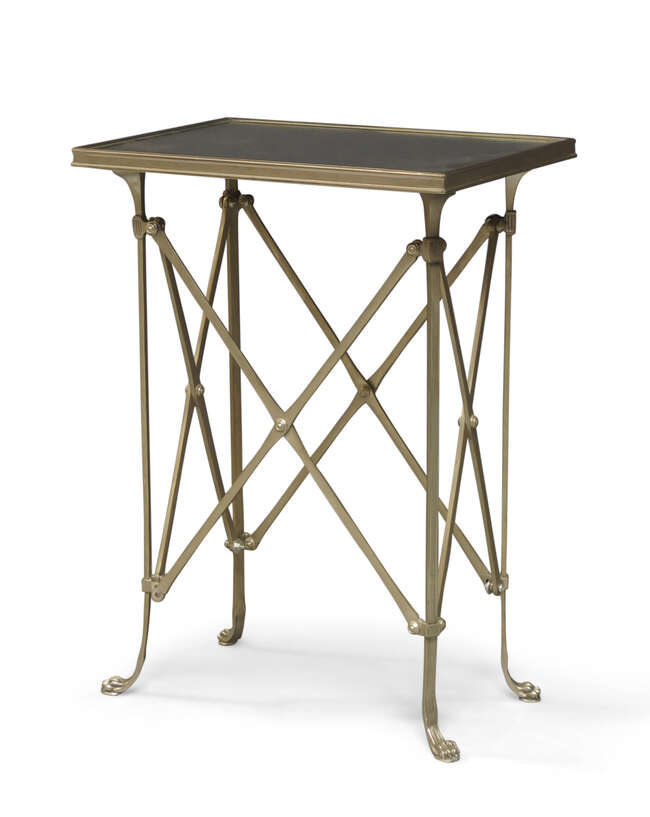 
	
		A Regency style mirrored top strap work table, 20th century, 67cm high, 48cm wide, 34cm...