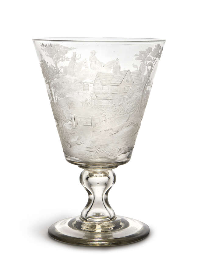 
	
		An English engraved Hunting glass goblet, 18th century, engraved with a continuous...
