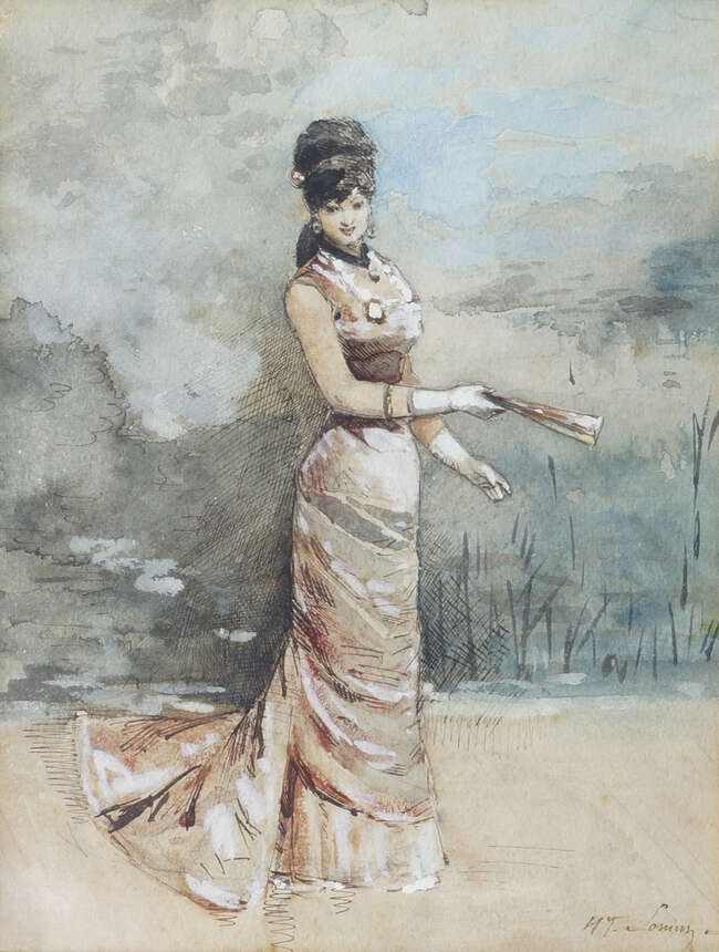 
	
		Henry Somm, 
		French 1844-1907- 
		 
		Belle Époque portrait of a lady, standing...