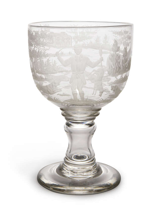
	
		An English engraved Hunting glass goblet, 18th century, engraved with a continuous...