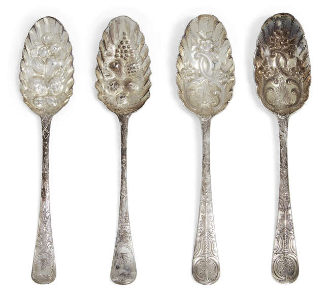 
	
		Four Georgian silver berry spoons, comprising a pair of George II spoons, London, c.1735,...