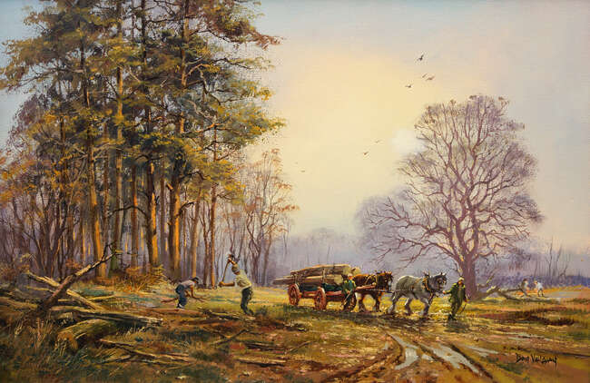 
	
		Don Vaughan, British b.1916- Ploughing scene; oil on canvas, signed, 39x60cm: together...