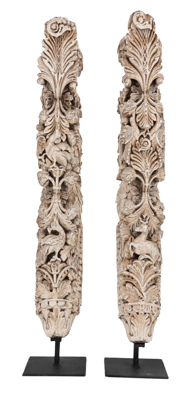 
	
		Two Yali carved wood architectural brackets, South India, 19th century, carved in the...