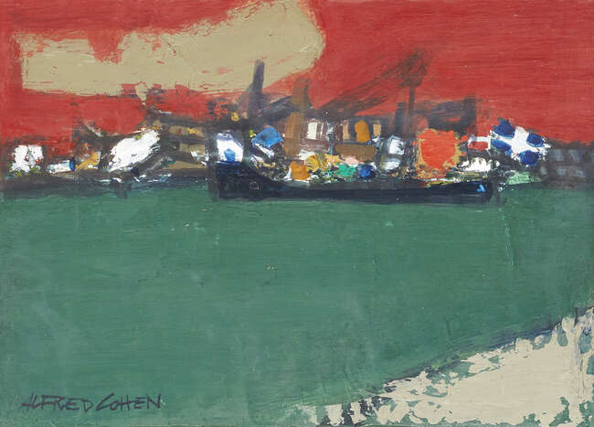
	
		Alfred Cohen, 
		American/British 1920-2001 - 
		 
		Wells Quay, 1978; 
		 
		oil on...