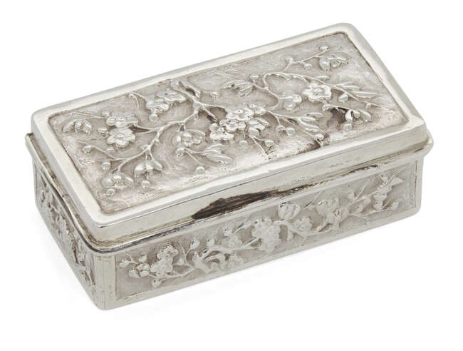 
	
		A Chinese silver box, by Wang Hing, decorated with flowering branches of cherry blossom,...