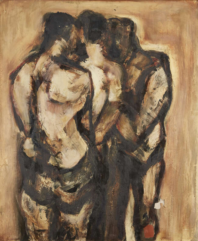 
	
		Anthony Whishaw RA,
		British b.1930-
		 
		Three Standing Figures;
		 
		oil on...