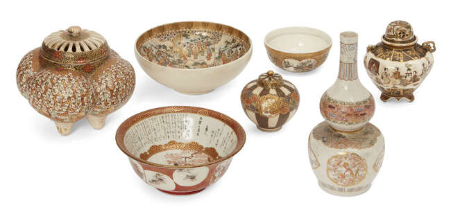 
	
		A collection of six pieces of Japanese Satsuma ware, late 19th century, to include a...