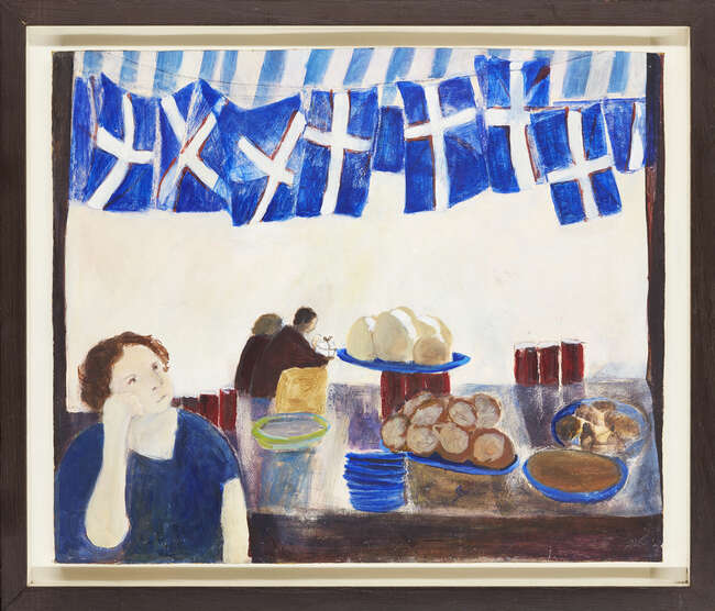 
	
		Tessa Newcomb, 
		British b.1955 - 
		 
		The Tea room, 1985; 
		 
		oil on board,...