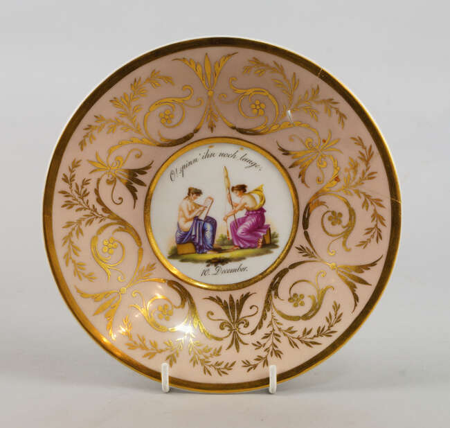 
	
		A Berlin porcelain cabinet saucer, 19th century, decorated to the centre with a scene of...