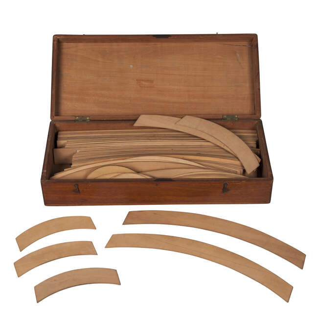 
	
		A set of railway or draughtsman&#39;s box wood curves and drawing tools, 19th century, in a...