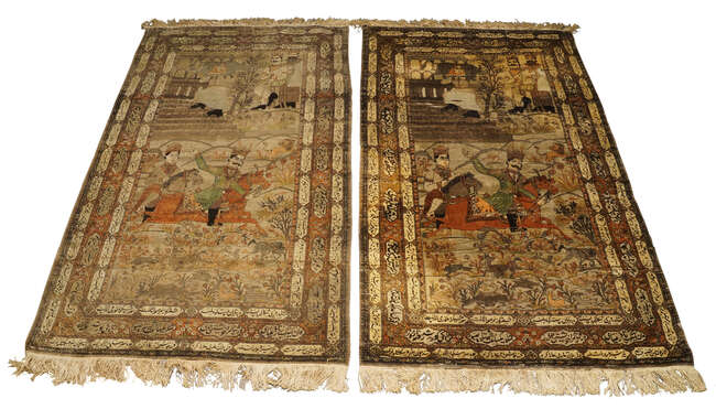 A pair of Persian Kashan silk pictorial rugs, late 19th/early 20th century, woven with nobleman...