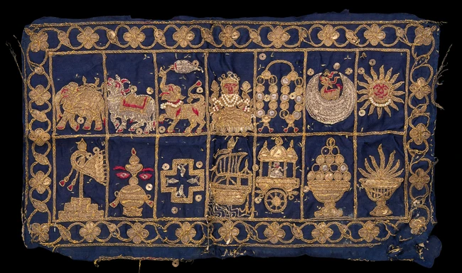 INDIAN WORKS OF ART
A Jain embroidered blue silk book cover, Gujarat, 17th-18th...