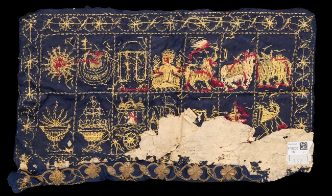 INDIAN WORKS OF ART
A Jain embroidered blue silk book cover, Gujarat, 17th-18th...