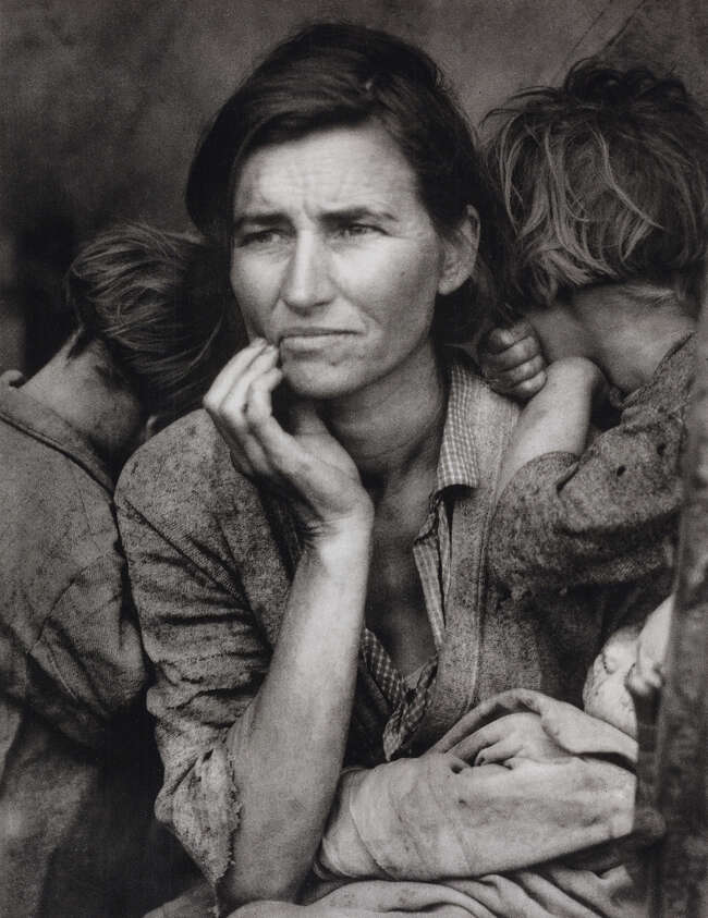 
	
		Dorothea Lange,
		American 1895-1965-
		 
		Migrant Mother, 1936;
		 
		photogravure...