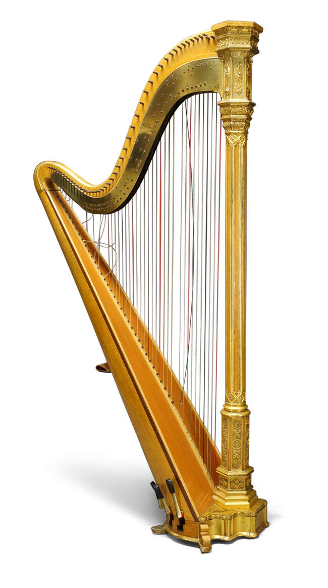 
	
		A Victorian parcel-gilt Gothic style harp, by Sebastian and Pierre Erard, with engraved...