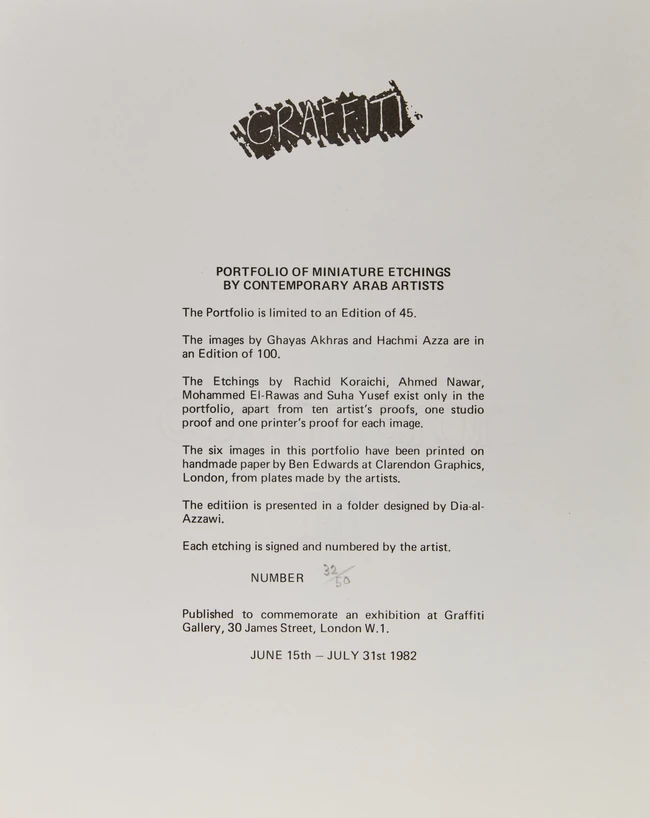 A portfolio of four miniature etchings by Contemporary Arab artists, Hachmi Azza, Ghyas Akhras...
