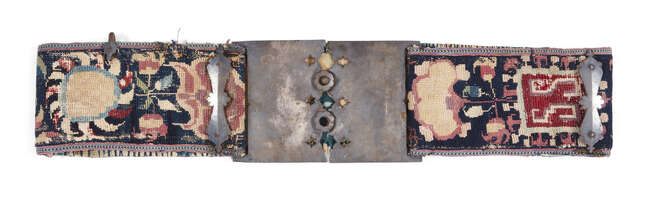 
	
		A Safavid steel and embroidered silk belt, Persia, 18th century, the wide band...