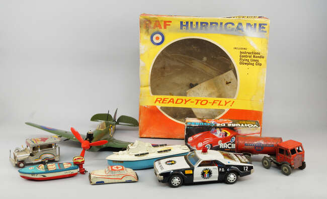 
	
		A collection of  tin plate toy cars, mostly 1960&#39;s, to include an Interkozmosz space car,...