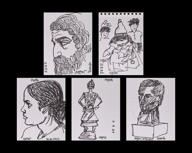 Jogen Chowdhury, (Indian b. 1939-),Five ink studies: Bearded man (Toronto); Standing woman; Head...