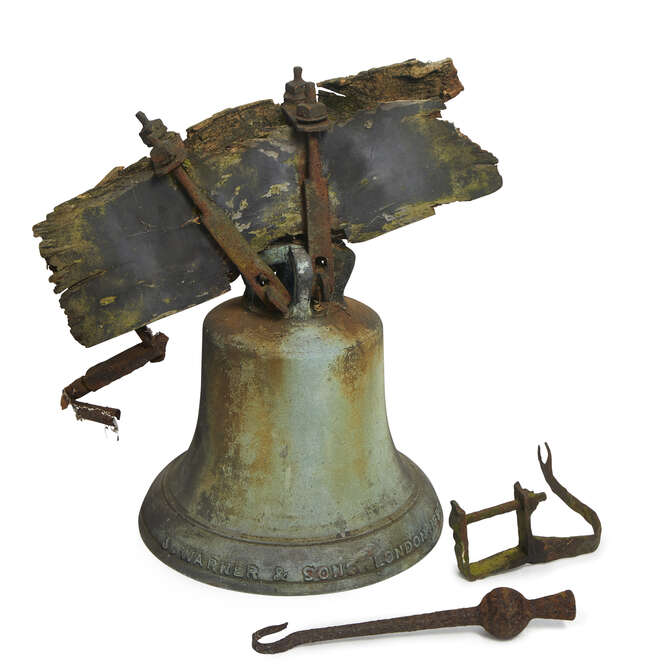 
	
		A Victorian bronze bell, cast by J.Warner & Sons, London, 1890, with iron clapper, 50cm...