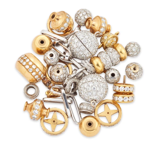 A group of diamond set components, including: two pavé diamond ball clasps; six various pavé...
