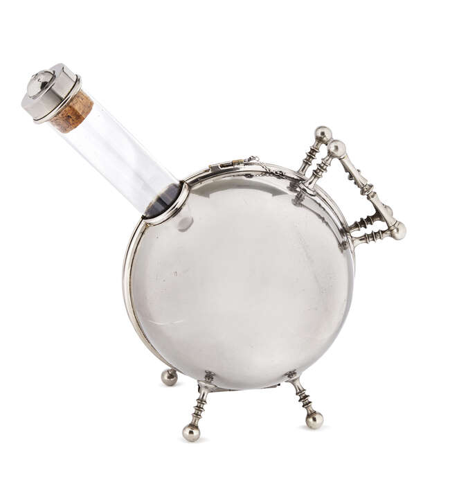 
	
		Schott & Gen Jena, an unusual glass decanter with lined nickel plated case
		Early 20th...