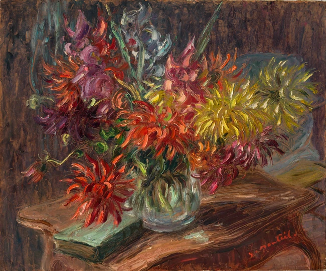 Louis Jacque-Monteil, French 1897-1987 - Dahlias; oil on canvas, signed lower right 'L...