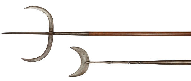 
	
		Two Chinese polearms, 19th century, one with trident blade, the other with crescent...