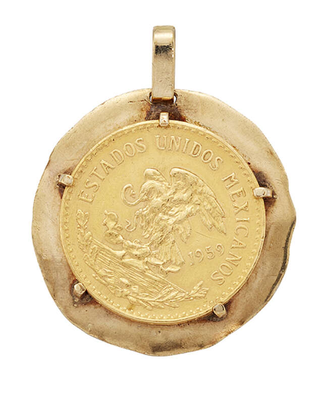 
	
		A Mexican gold 20 Peso coin pendant, 1959, on thin disc mount, pendant diameter 3.5cm,...