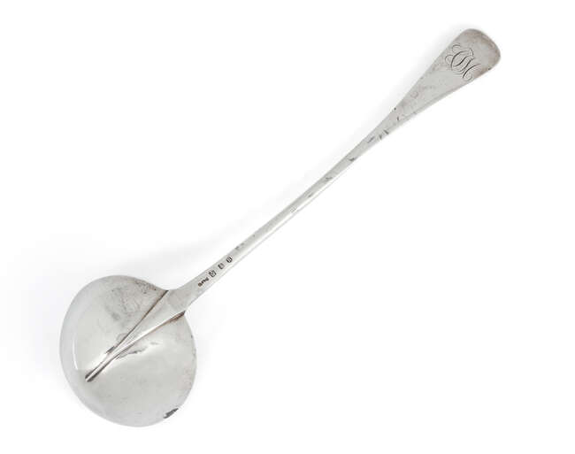 
	
		A Victorian Scottish silver rat tail ladle, Edinburgh, 1894, J.C & Co., monogram to...