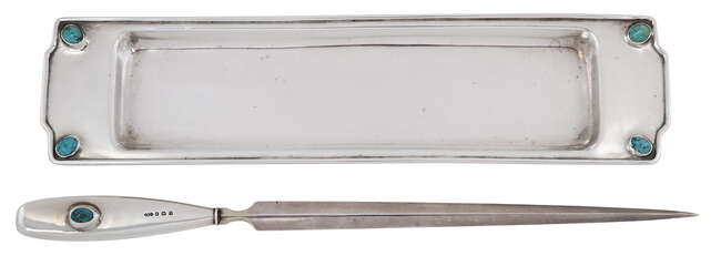 
	
		Liberty & Co, a silver pen tray and letter opener both set with turquoise matrix...