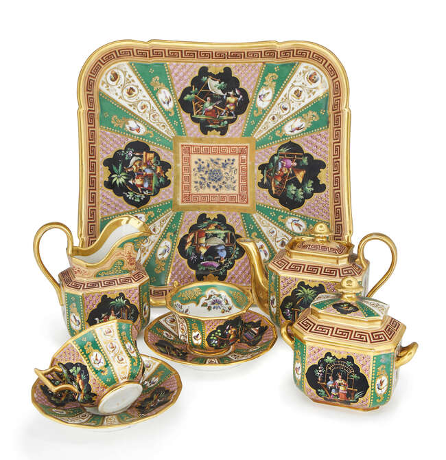 
	
		A Paris porcelain tete-a-tete service, 19th century, decorated with figural reserves of...