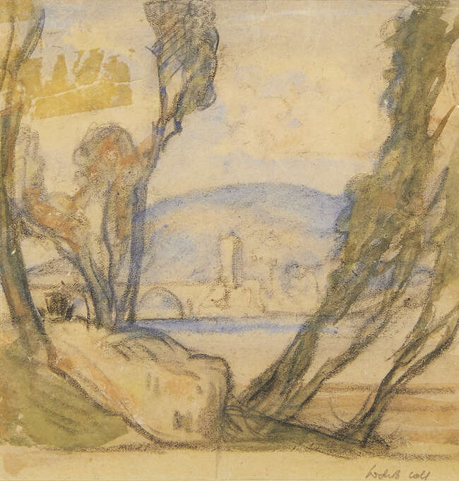 
	
		Sir Frank Brangwyn RA RWS RBA, 
		British 1867-1956- 
		
		View through trees of...