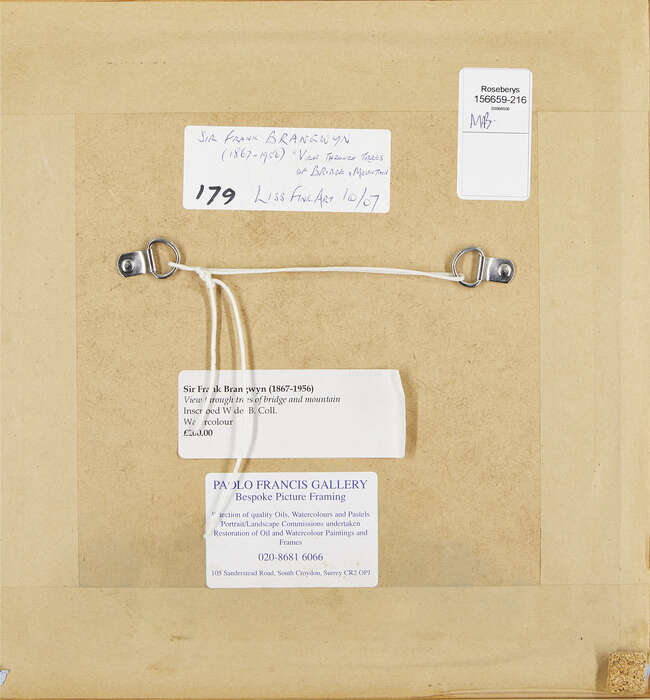 
	
		Sir Frank Brangwyn RA RWS RBA, 
		British 1867-1956- 
		
		View through trees of...