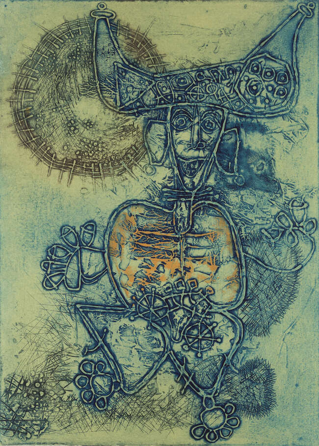 
	
		Mumtaz J. A. Khan (Indian, b. 1947), Tribal-God, Intaglio print in colours, Signed,...
