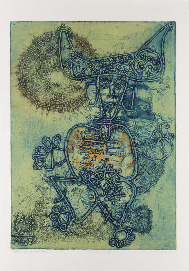 
	
		Mumtaz J. A. Khan (Indian, b. 1947), Tribal-God, Intaglio print in colours, Signed,...