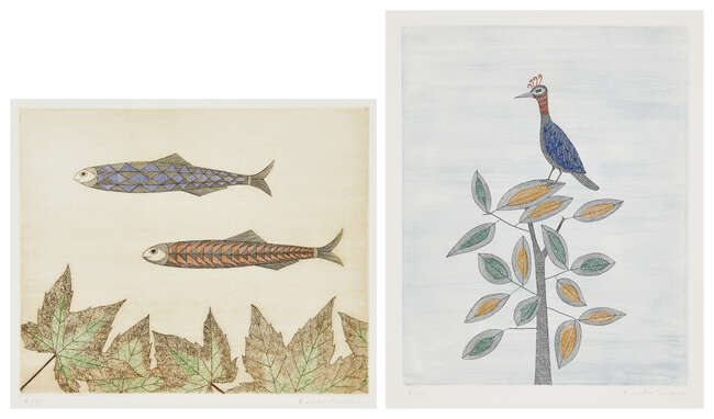 
	
		Keiko Minami, 
		Japanese 1911-2004-
		 
		Aigrette and Two Fish c.1977;
		 
		two...