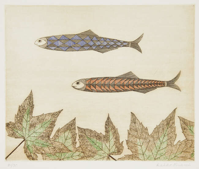 
	
		Keiko Minami, 
		Japanese 1911-2004-
		 
		Aigrette and Two Fish c.1977;
		 
		two...