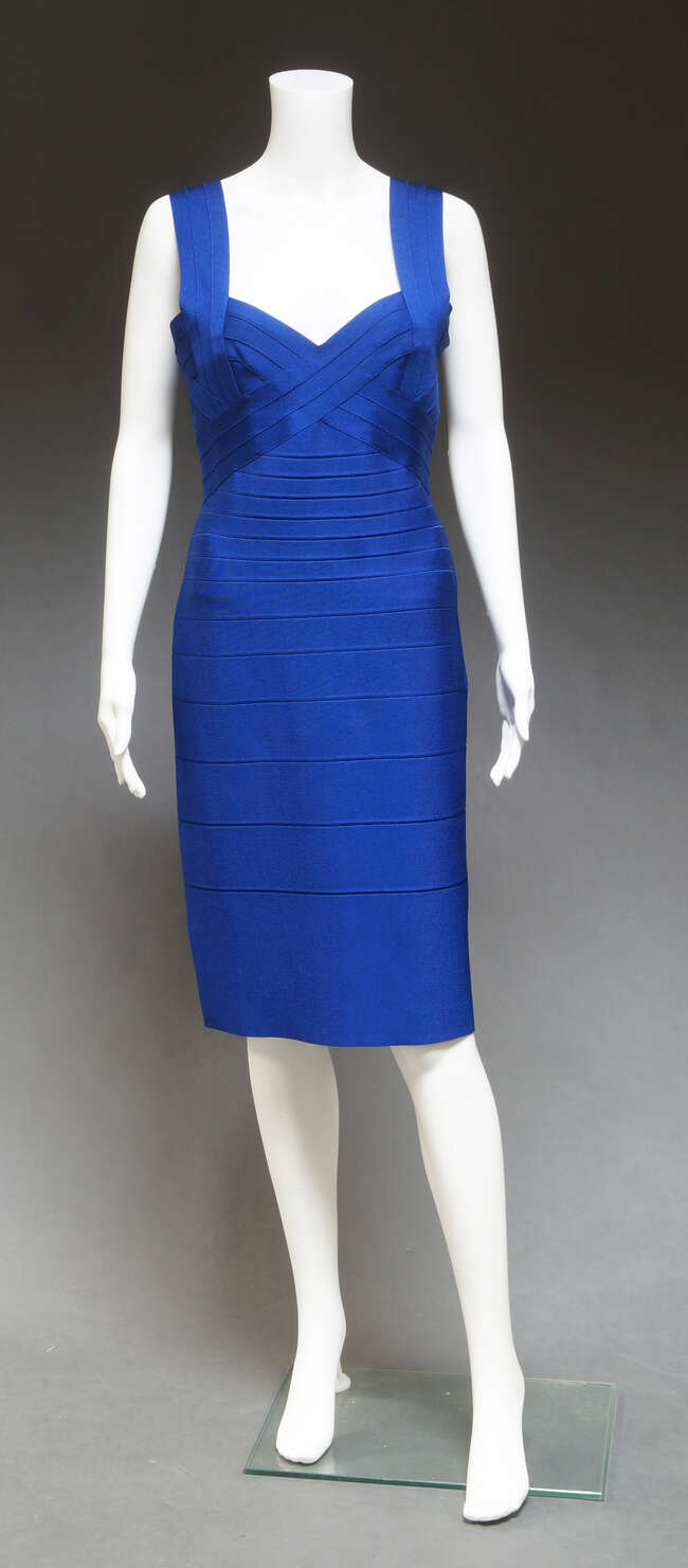 
	
		Herve Leger, an elasticated bandage dress , black, grey and silver horizontal stripe,...