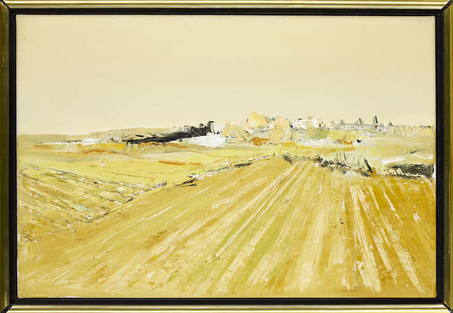 
	
		Kit Barker, 
		British 1916-1988- 
		 
		Cornfields, East Sussex, 1969; 
		 
		oil on...