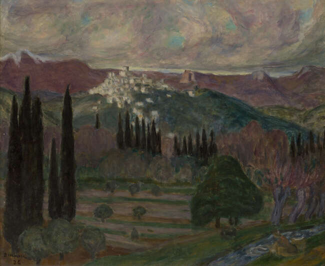 
	
		Eugène Antoine Durenne, 
		French 1860-1944- 
		 
		Vue de Cagnes, le soir;...