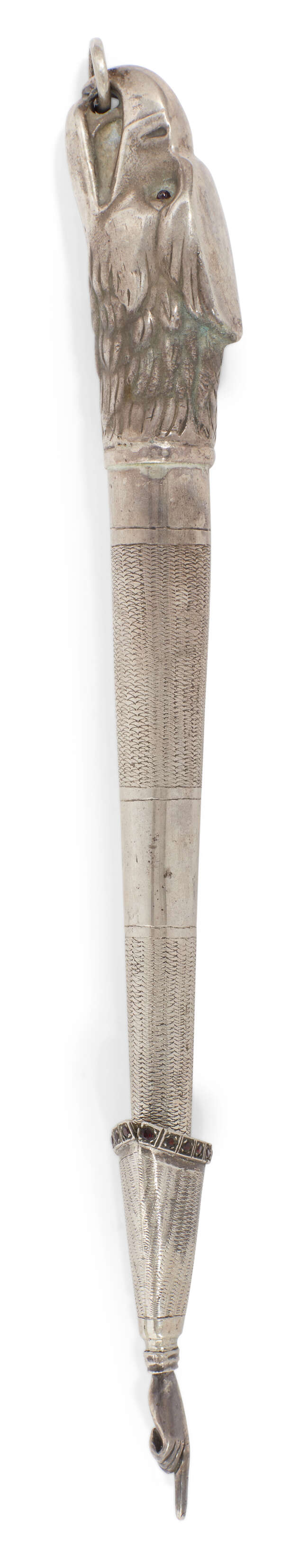 
	
		A silver Torah pointer, yad, bearing spurious Russian marks, the handle designed as the...