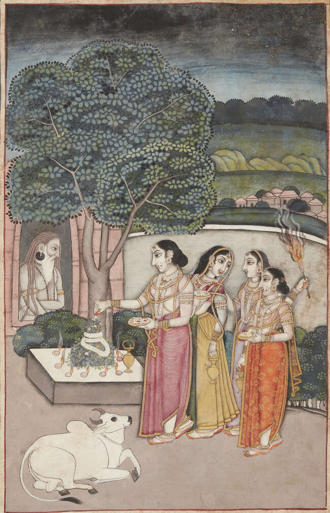 
	
		Maidens at a lingam shrine beside a hermitage in which a fakir sits Murshidabad, late...
