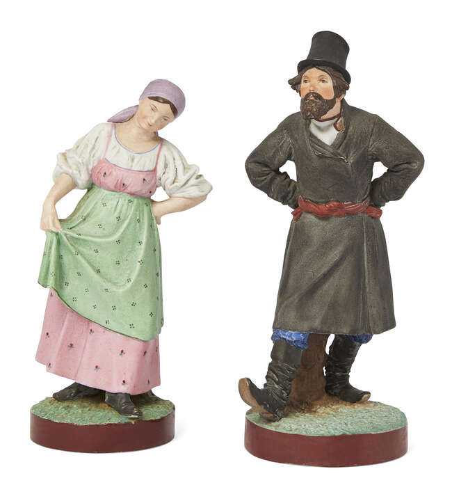 
	
		A Russian Gardner porcelain figure of a dancing man in a tall hat, late 19th century, 