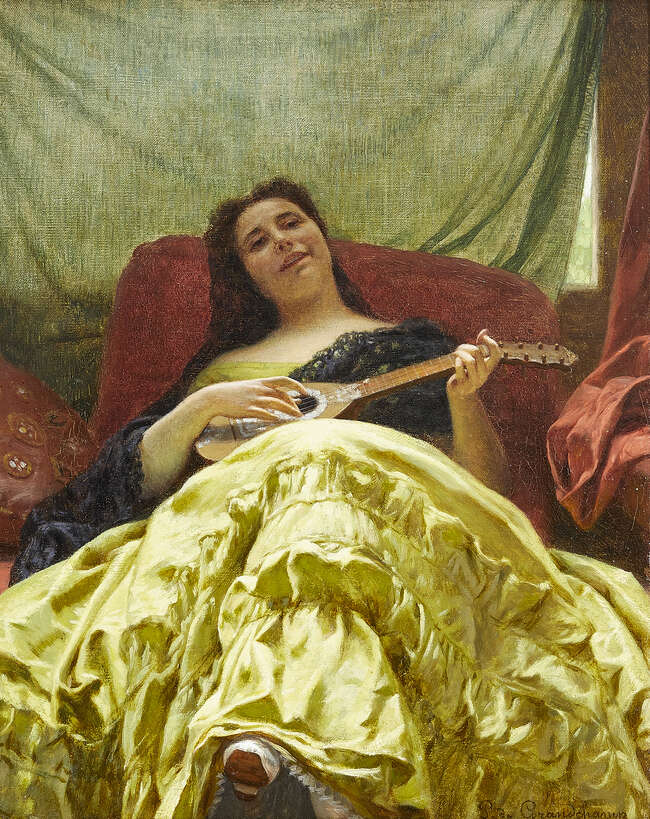 
	
		Louis Emile Pinel de Grandchamp, 
		French 1831-1894- 
		The mandolin player; 
		oil...