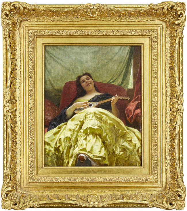 
	
		Louis Emile Pinel de Grandchamp, 
		French 1831-1894- 
		The mandolin player; 
		oil...