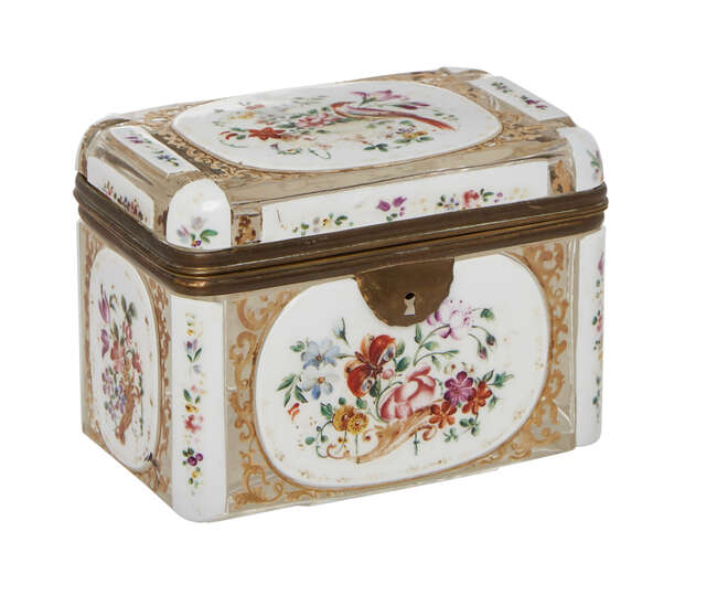 
	
		A Bohemian clear and white overlay glass casket, 19th century, decorated with oval...