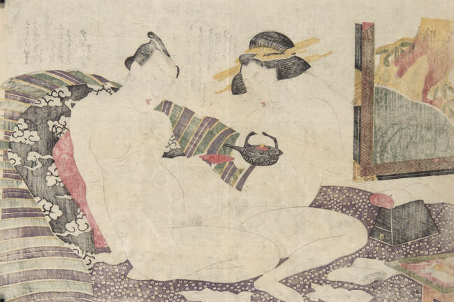 
	
		Hokusai School, Japanese c.1820s, seven shunga prints depicting various amorous couples,...