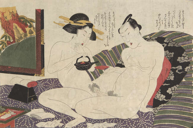 
	
		Hokusai School, Japanese c.1820s, seven shunga prints depicting various amorous couples,...